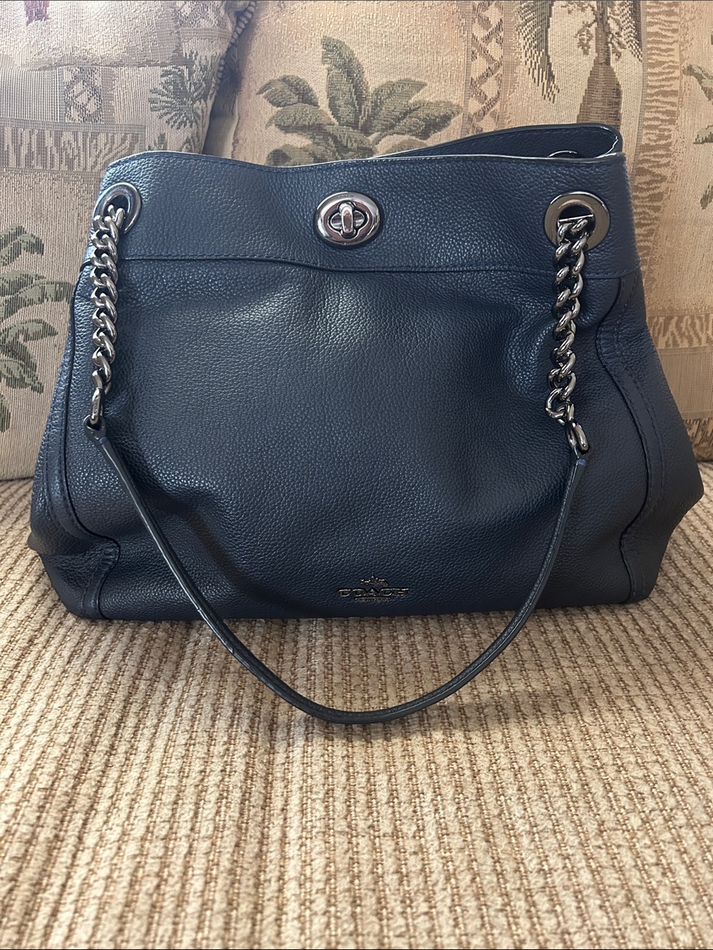 Coach Edie Turnlock Dark Navy Blue Pebbled Leather Shoulder Bag w/ Chain Straps